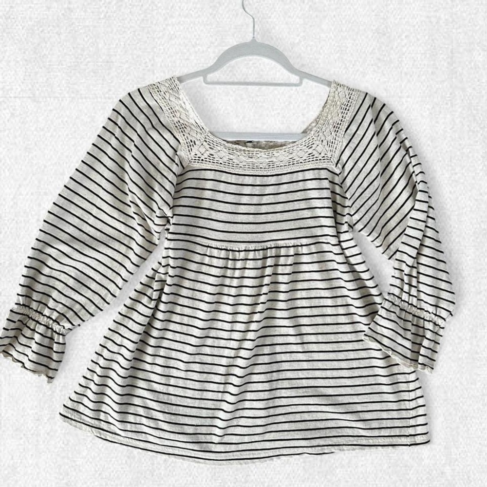 The Emporium Striped Cream Crochet‎ Lace Square Neck Ruffle Sleeve Babydoll Top
